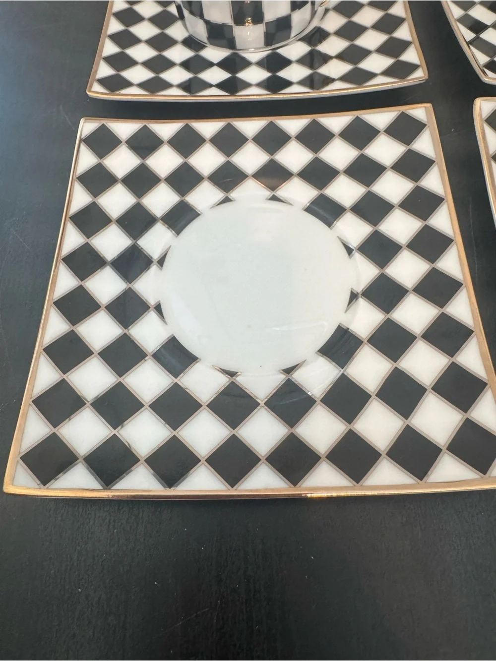 Set Of 4 Porcelain Checkered Black White Gold Espresso Coffee Cup Saucer Spoon
